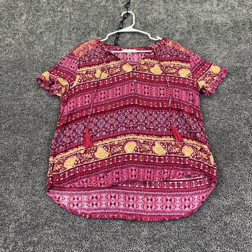 Farmers Market Blouse Womens XL Pink Paisley Flutter Sleeve Boho Tunic Summer